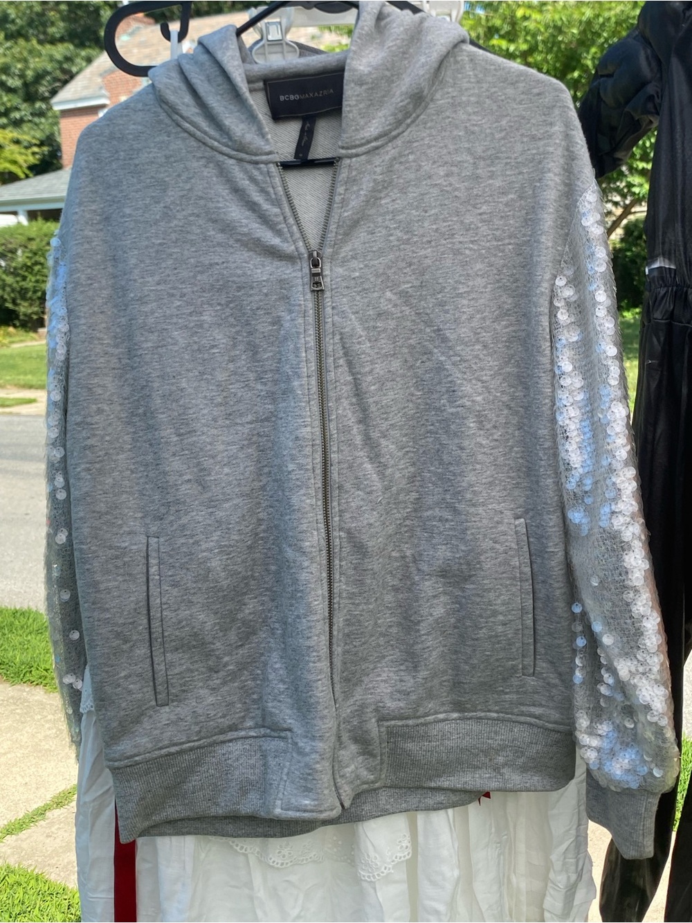BCBGMaxAzria Gray Zip-Up Hoodie with Sequin Sleeves
